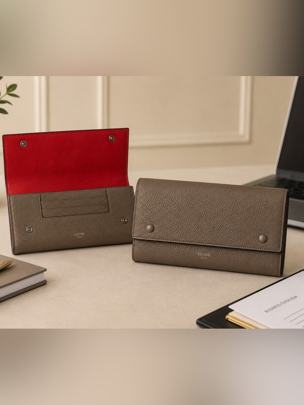 CELINE Taupe Leather Wallet with Red Interior